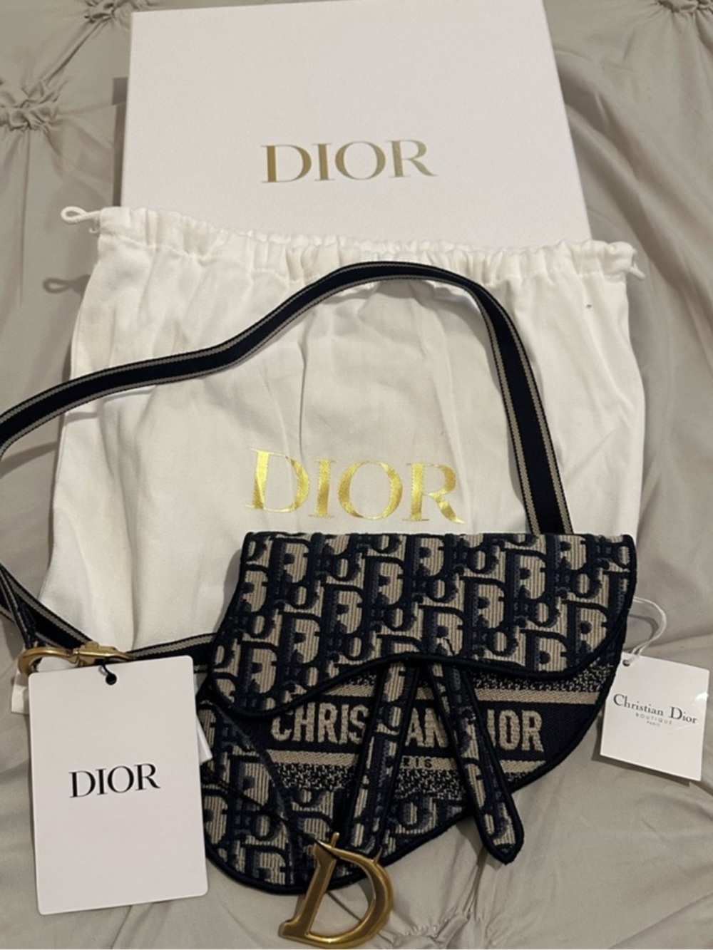 Dior Navy & White Oblique Mini Saddle Bag with Gold 'D' Charm - Picture 8 of 12